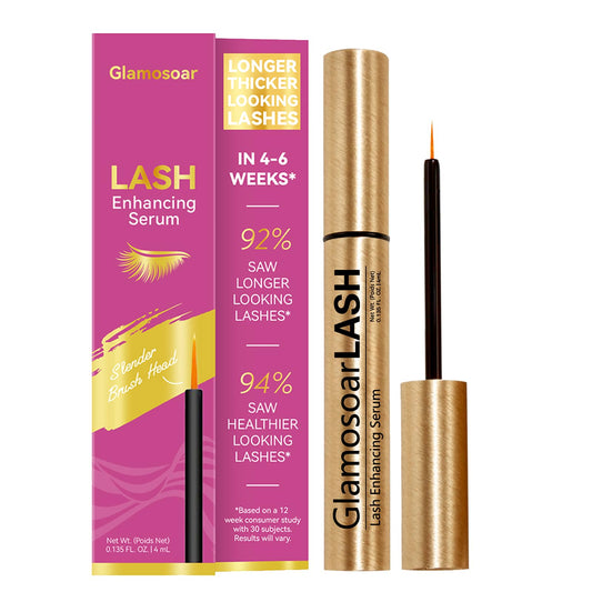 Glamosoar Lash Serum bottle close-up showing sleek packaging and fuller lashes