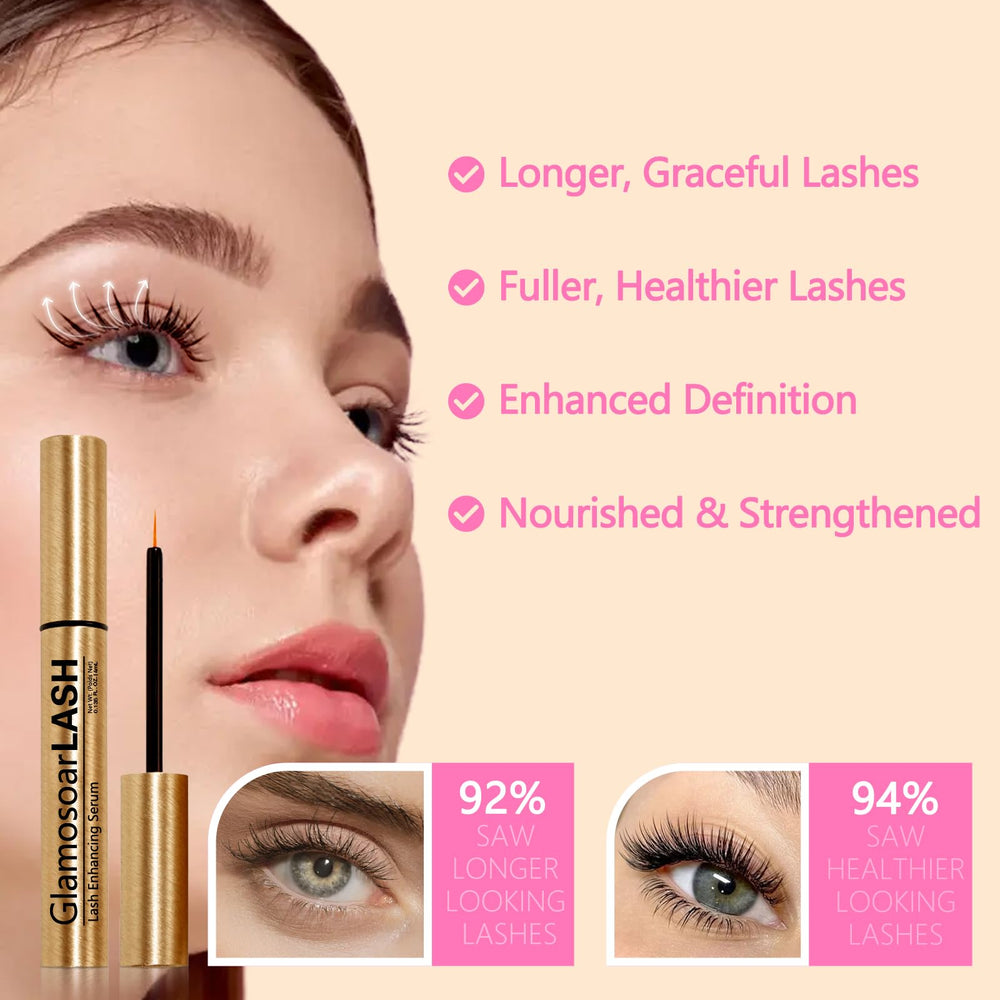 Glamosoar Lash Serum bottle front view highlights compact mega-size for a 3-month supply