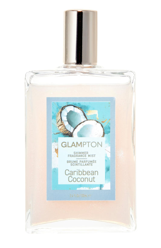 Glampton Caribbean Coconut Shimmer bottle front shows tropical fragrance and premium look.
