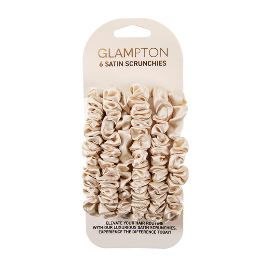 Glampton front packaging showing six champagne scrunchies and neat display benefiting styling variety