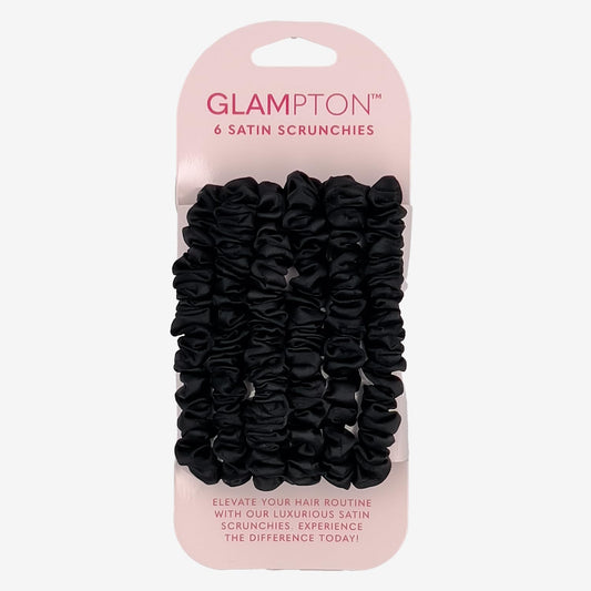Glampton scrunchies front arrangement showing six black satin ties and convenient pack