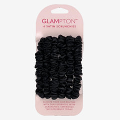 Glampton scrunchies front arrangement showing six black satin ties and convenient pack