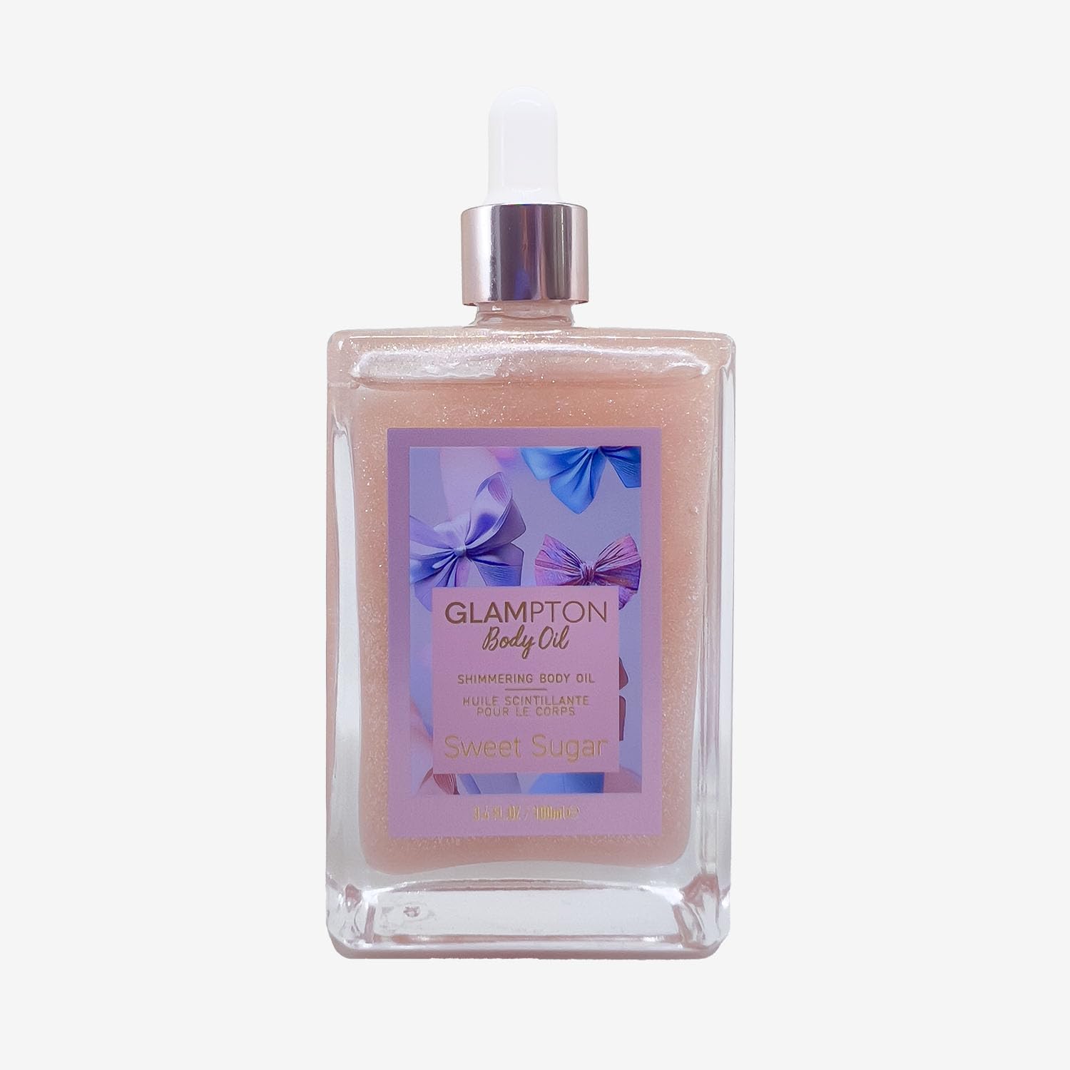 Glampton Shimmering Body Oil Sweet Sugar bottle showing subtle glow and hydration