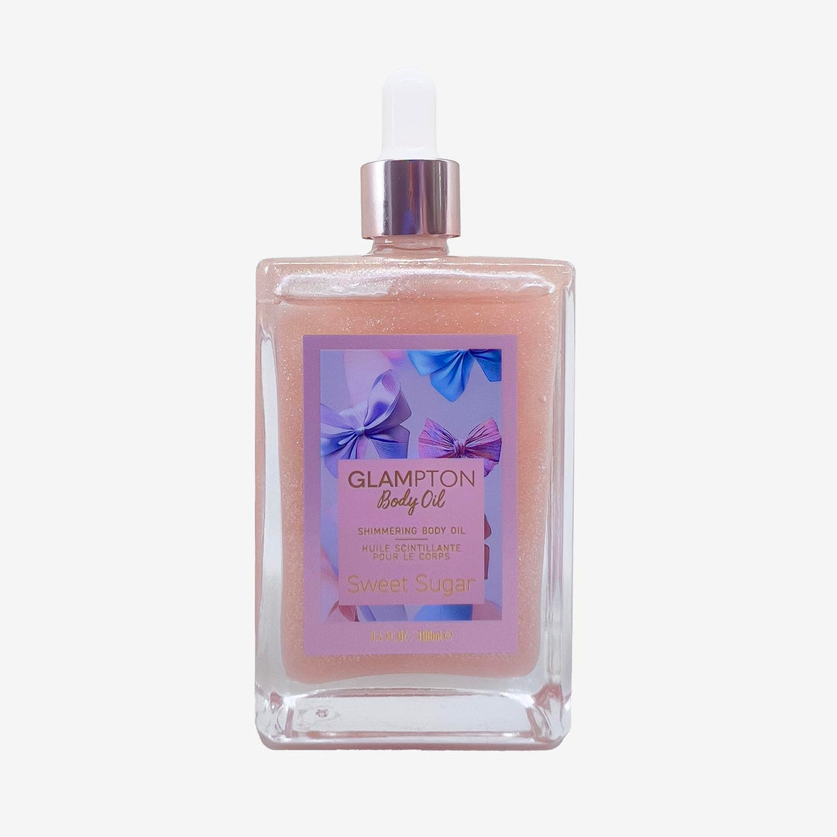 Glampton Shimmering Body Oil Sweet Sugar bottle showing subtle glow and hydration