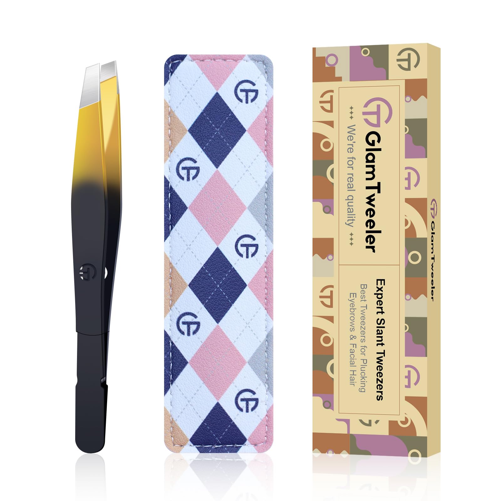 GlamTweeler G-01 slant tip tweezers close-up for precise brow shaping and gentle hair removal.