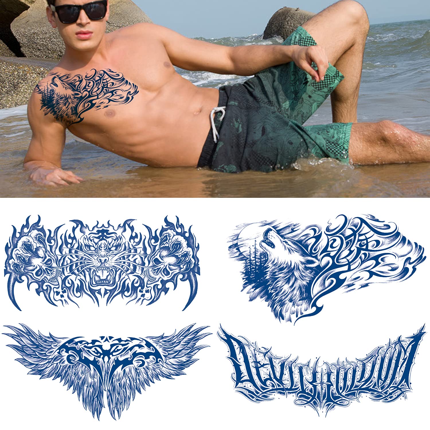 Glaryyears tribal tiger design tattoo sheet for dramatic body art at events.