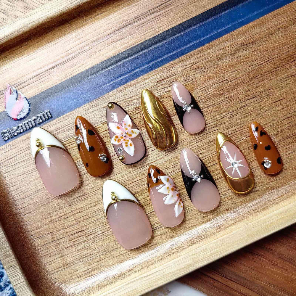 Gleamrain almond handmade nails showcase soft base colors for elegant everyday wear.