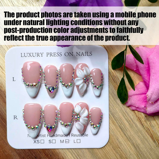 Gleamrain almond nails with 3D floral patterns for an eye-catching look.