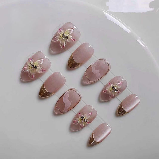 Gleamrain almond handmade nails with soft base colors for versatile daily wear.