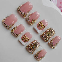 Gleamrain Duck press-on nails pink close-up showing floral textures and shine