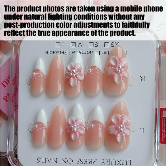 Gleamrain medium handmade French tip nails with floral and pearl design.
