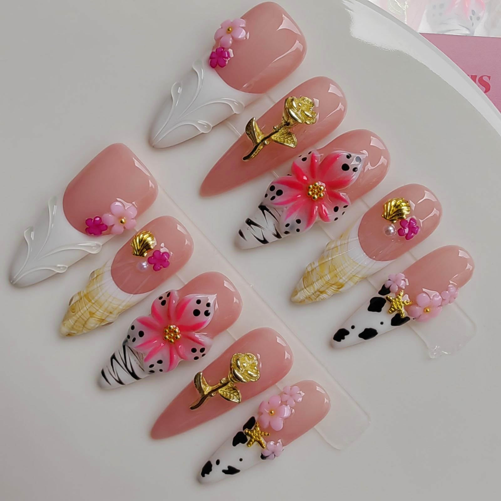 Gleamrain Nude nails with almond-long shell and 3D flower for elegant daily wear.