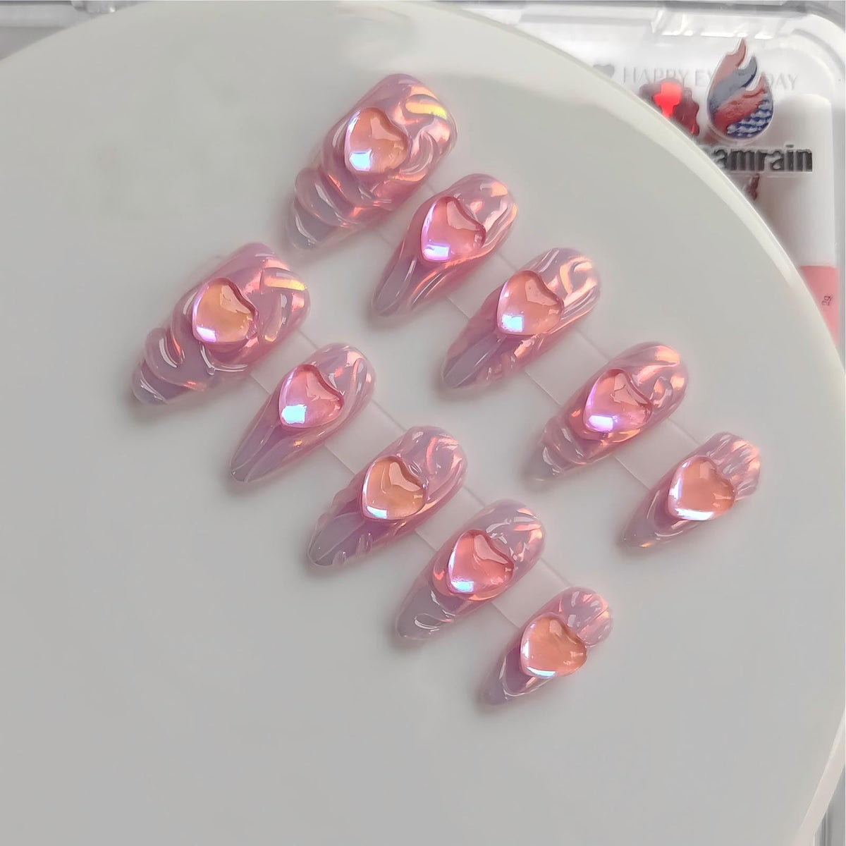 Gleamrain pink almond nails with heart design for everyday elegance