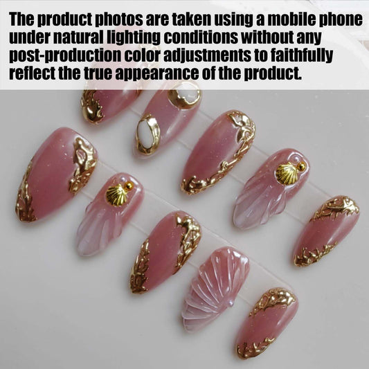 Gleamrain pink almond press-on nails with 3D floral patterns for texture