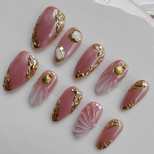 Gleamrain pink almond press-on nails with soft base colors for daily wear