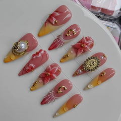 Gleamrain pink handmade press-on nails in almond shape with 3D flowers for chic everyday elegance