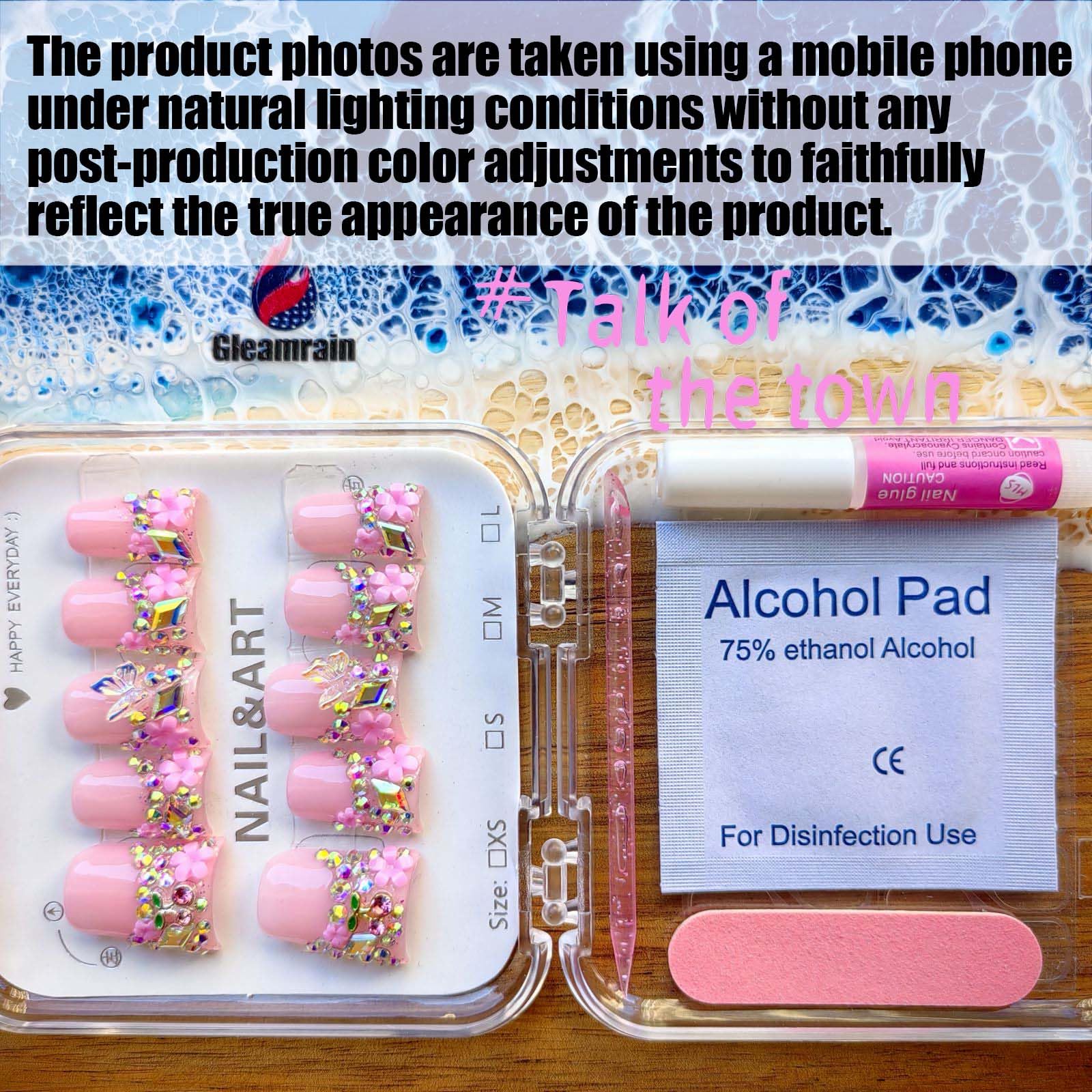 Gleamrain pink press-on nails with 3D butterfly pattern for standout style.