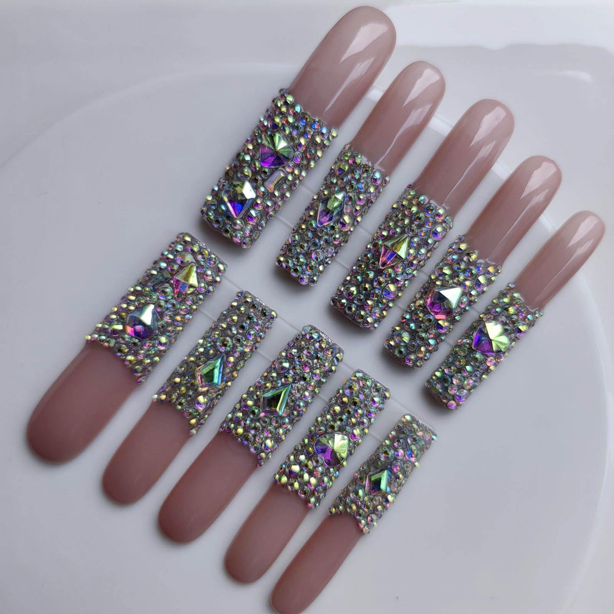 Gleamrain XXL press-on nails with square long French tip and rhinestones for elegant daily wear