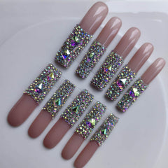 Gleamrain XXL press-on nails with square long French tip and rhinestones for elegant daily wear