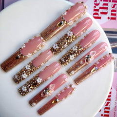 Gleamrain XXL press-on nails with square long floral pattern for elegant everyday wear.