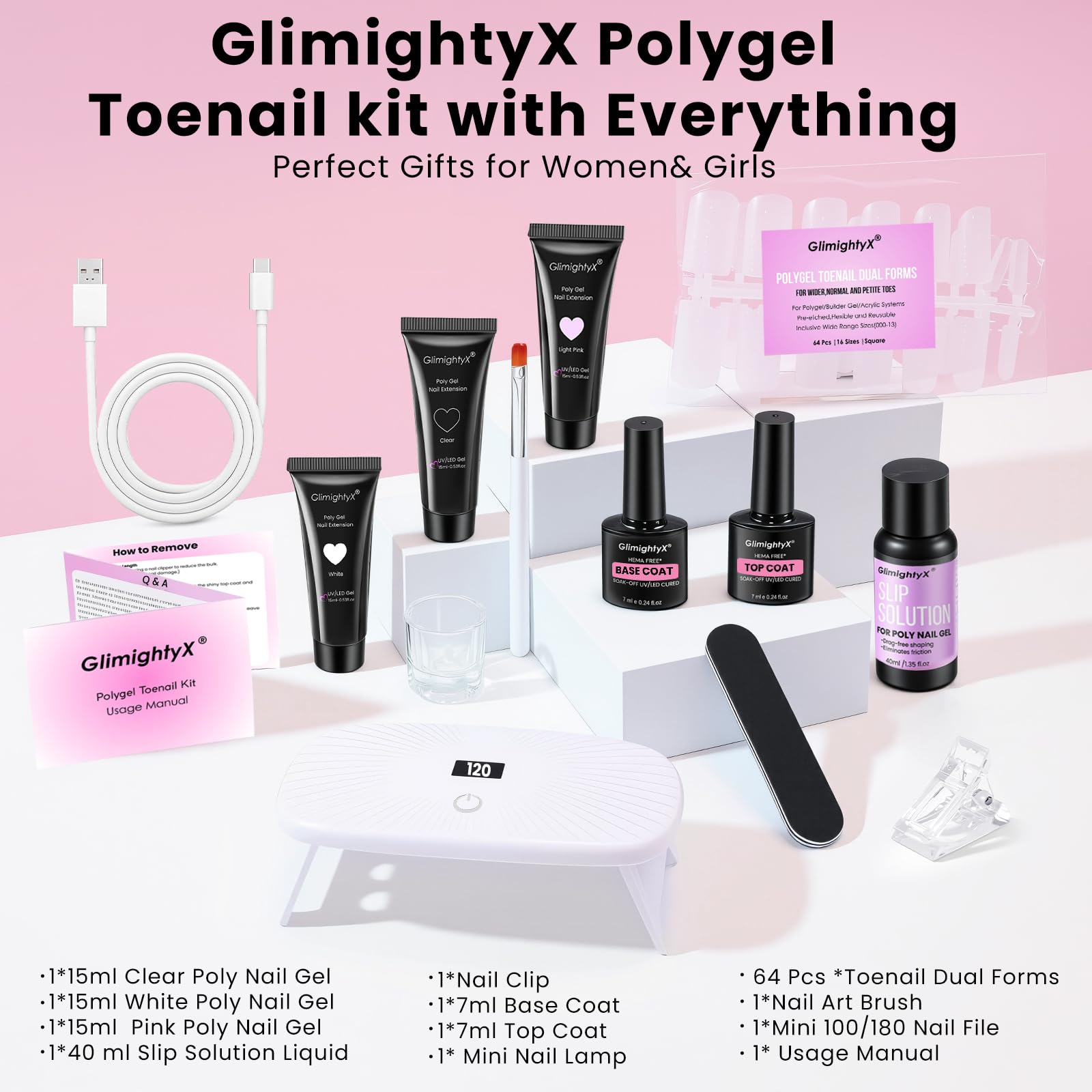GlimightyX three-color polygel set in clear, white and pink for French tips