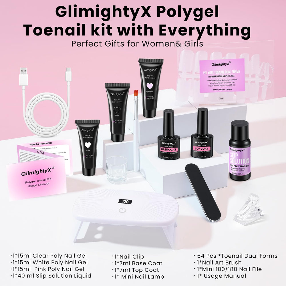 GlimightyX three-color polygel set in clear, white and pink for French tips