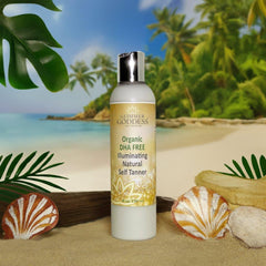 Glimmer Goddess aloe vera and shea butter soothe and moisturize skin during tanning.
