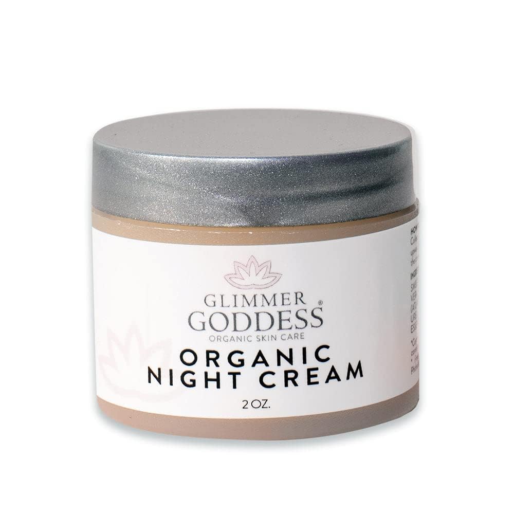 Glimmer Goddess Lavender Night Cream jar close-up showing creamy texture for hydration.