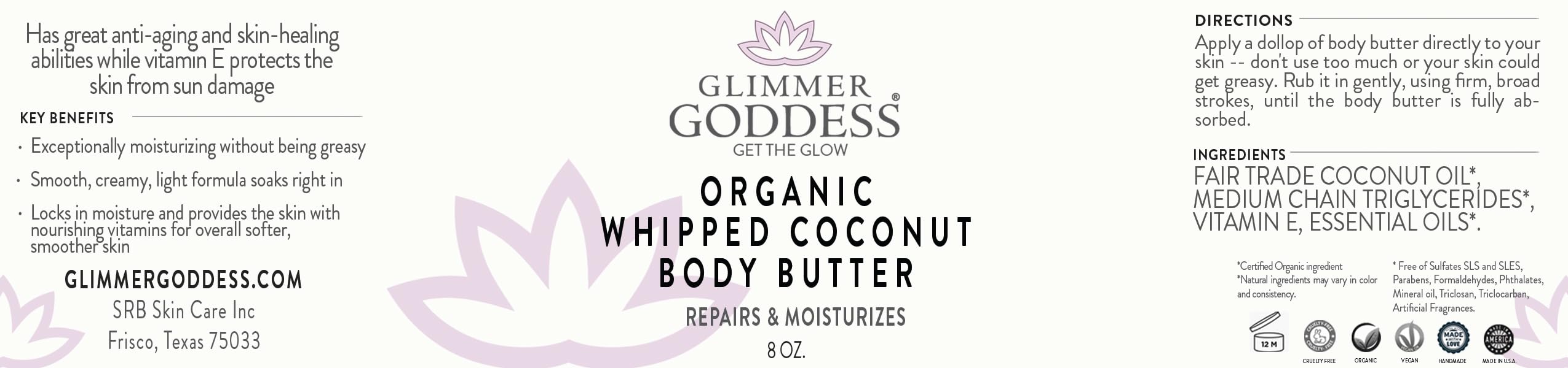 Glimmer Goddess organic coconut oil ingredients list highlighting natural nourishment and antioxidants.