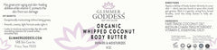 Glimmer Goddess organic coconut oil ingredients list highlighting natural nourishment and antioxidants.