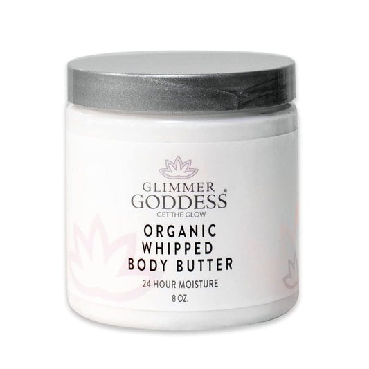 Glimmer Goddess Organic Whipped Body Butter jar closeup highlighting rich texture for hydration
