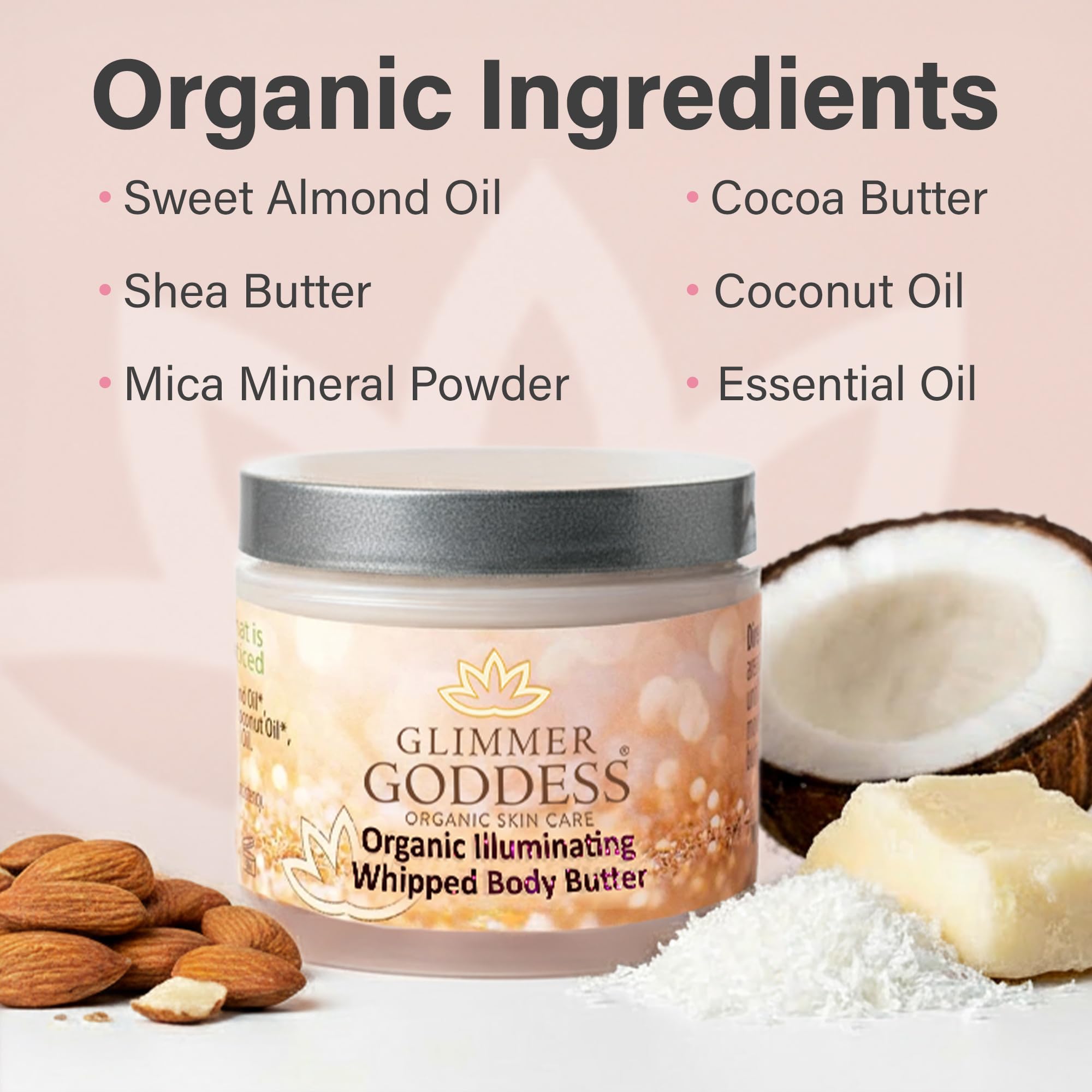 Glimmer Goddess Organic Whipped Shea Butter jar highlights rich texture for deep moisturization.