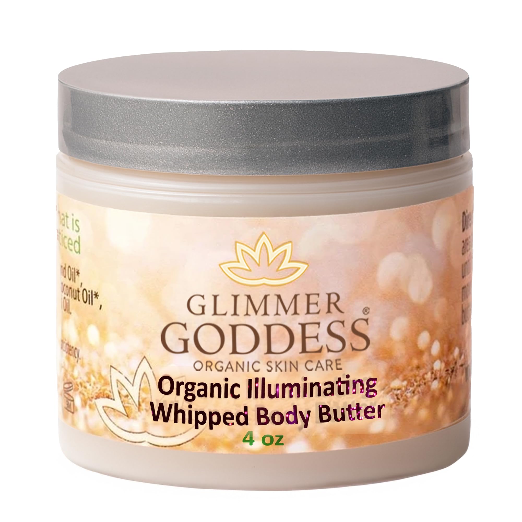 Glimmer Goddess Shimmer Body Butter bottle reveals radiant moisture and rose gold glow.