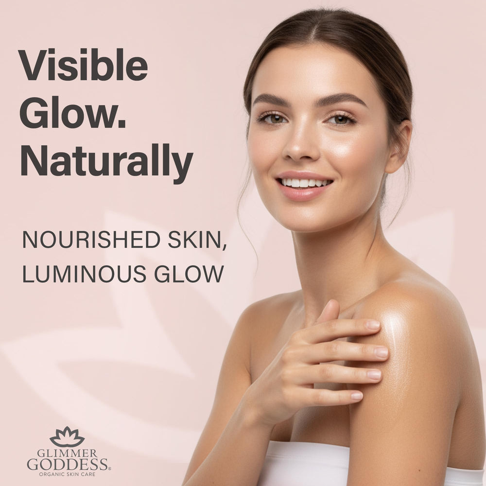 Glimmer Goddess shimmer on skin highlights subtle radiant glow.
