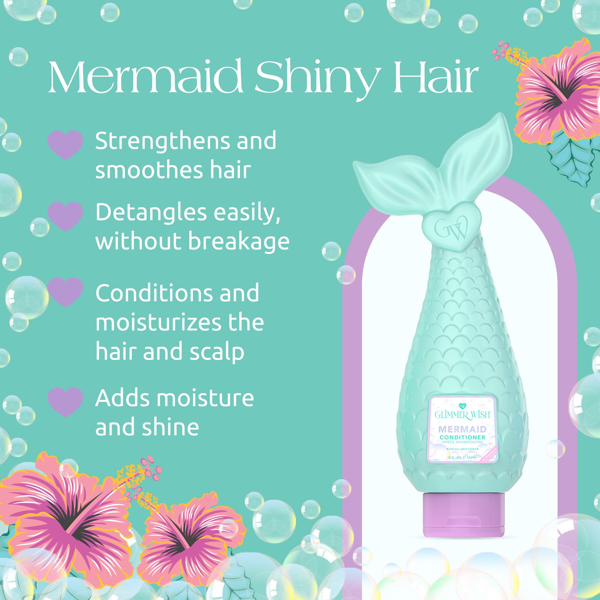 Glimmer Wish coconut and macadamia oils nourish hair for moisture and shine.