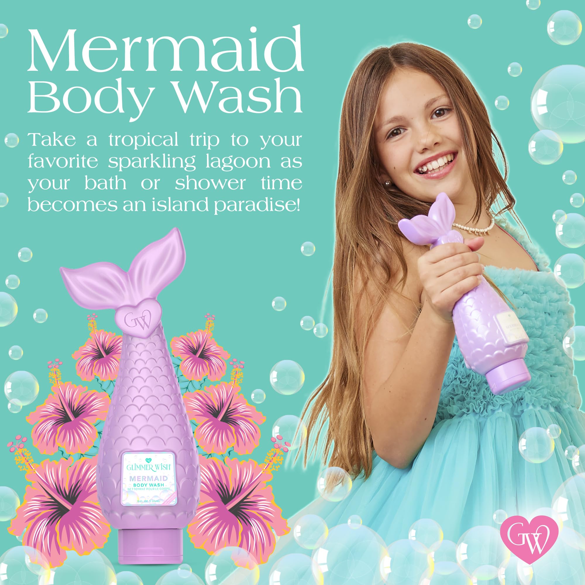 Glimmer Wish Mermaid Kids Body Wash pouring action shows easy dispense.