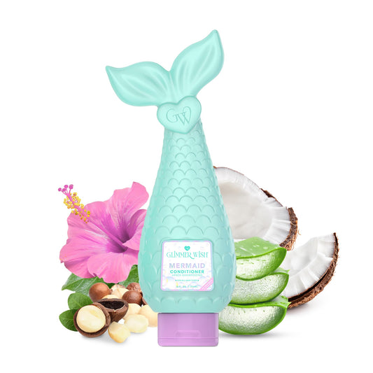 Glimmer Wish Mermaid Kids Conditioner bottle promotes easy detangling with coconut and macadamia oils.
