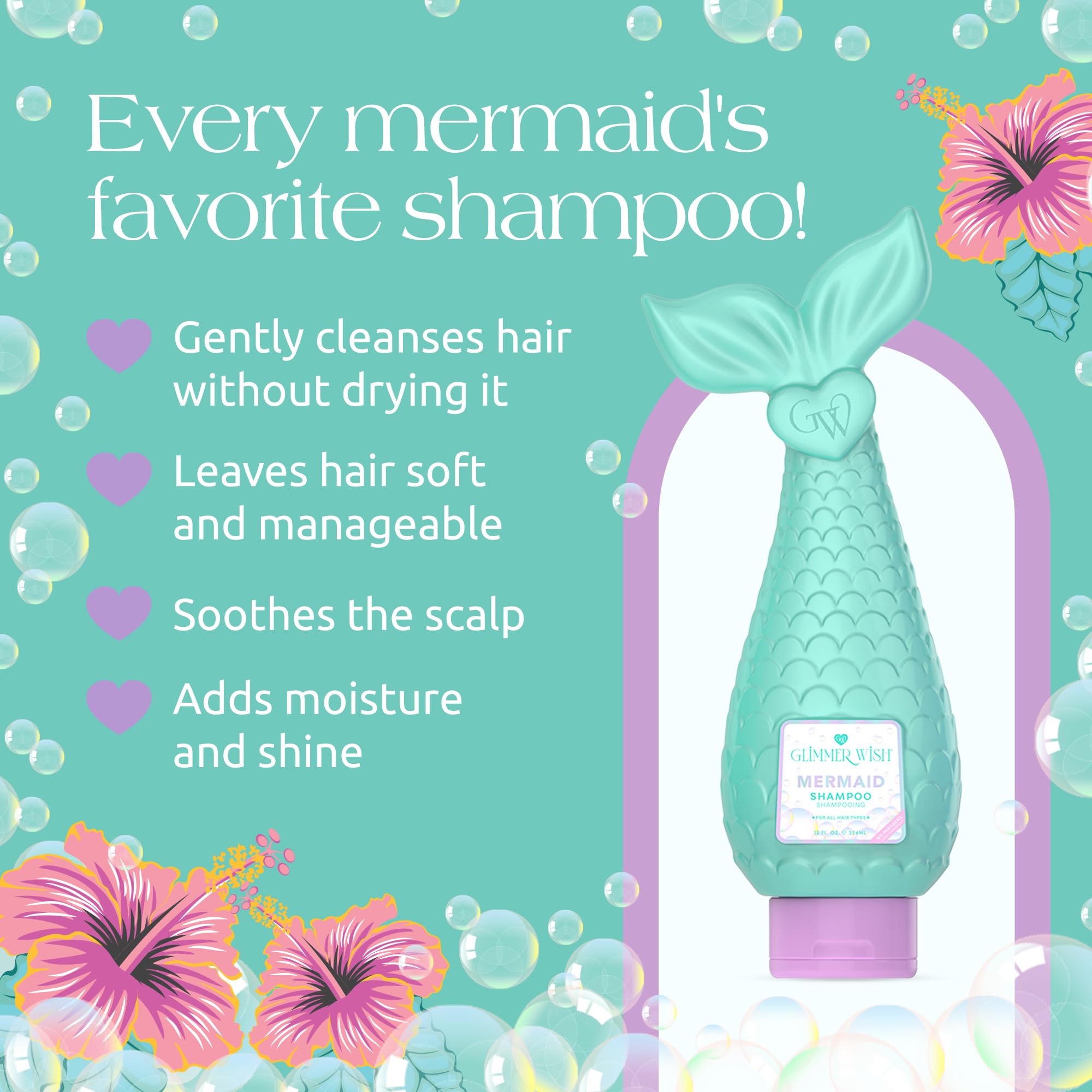 Glimmer Wish Mermaid Shampoo for kids provides a gentle cleanse and light shine.
