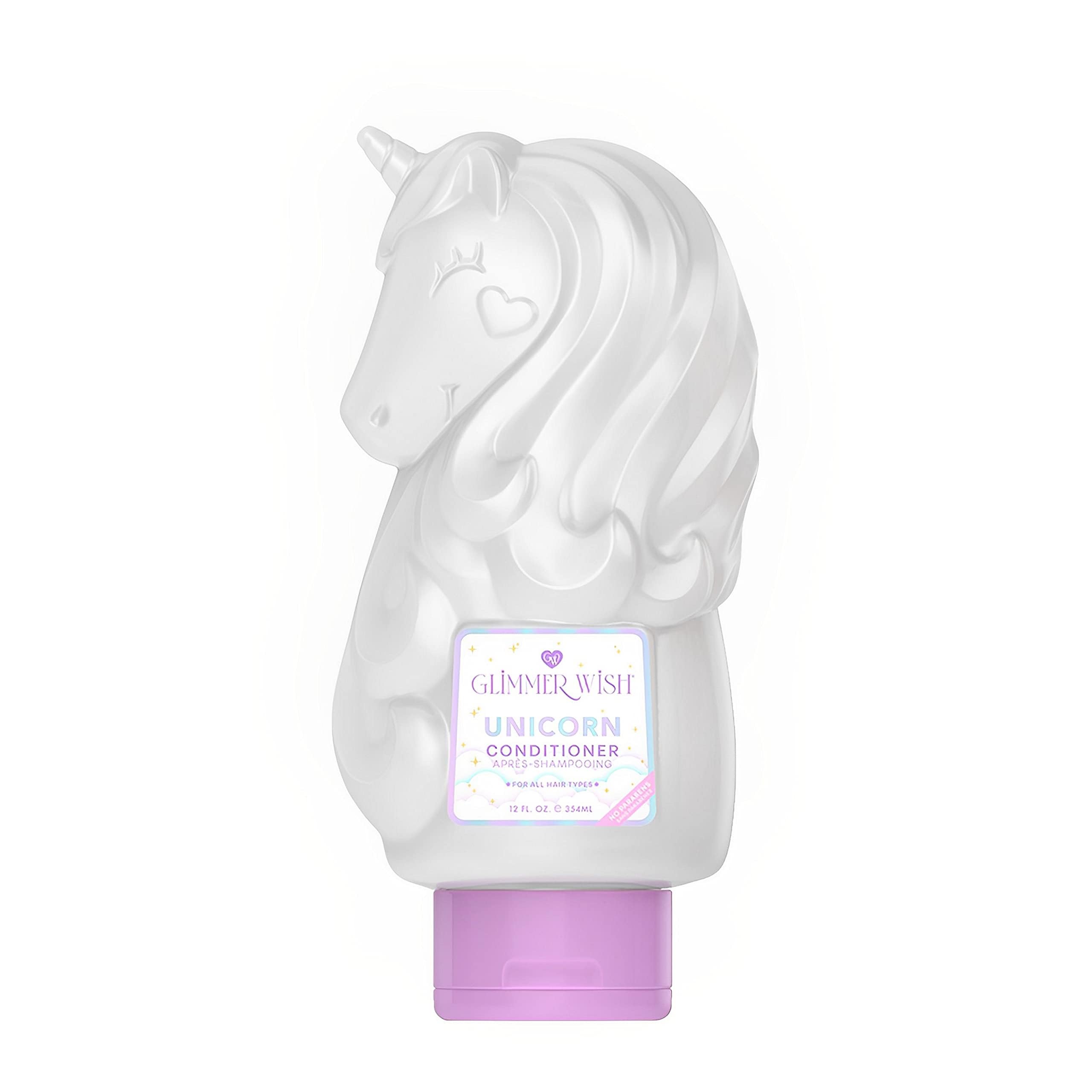 Glimmer Wish Unicorn Conditioner bottle close-up showing pearly finish and cotton candy scent for detangling