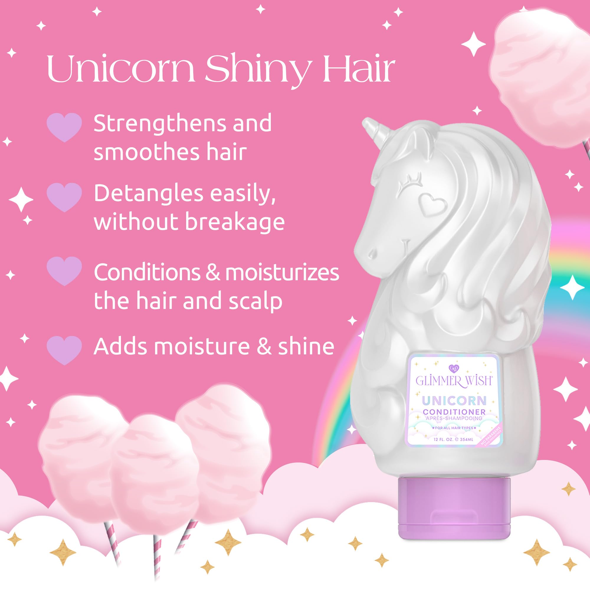 Glimmer Wish Unicorn Conditioner label close-up highlighting vegan and sulfate-free formula