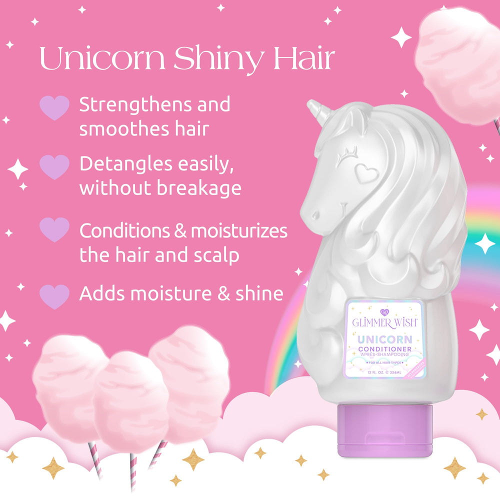 Glimmer Wish Unicorn Conditioner label close-up highlighting vegan and sulfate-free formula