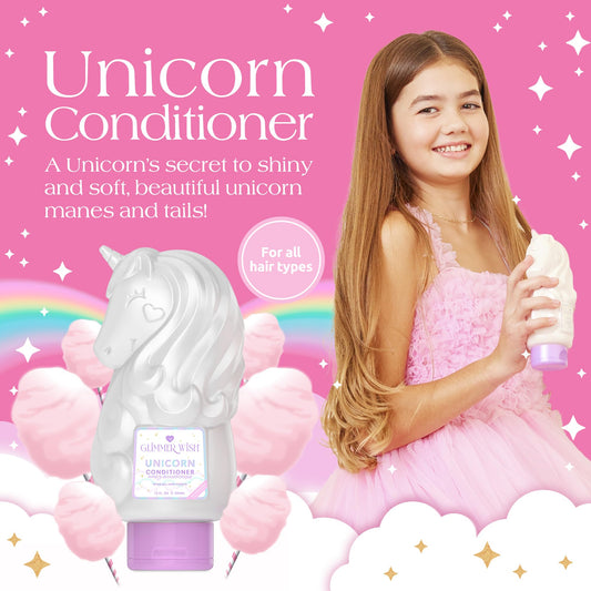 Glimmer Wish Unicorn Conditioner being poured from gravity-fed dispenser to minimize waste
