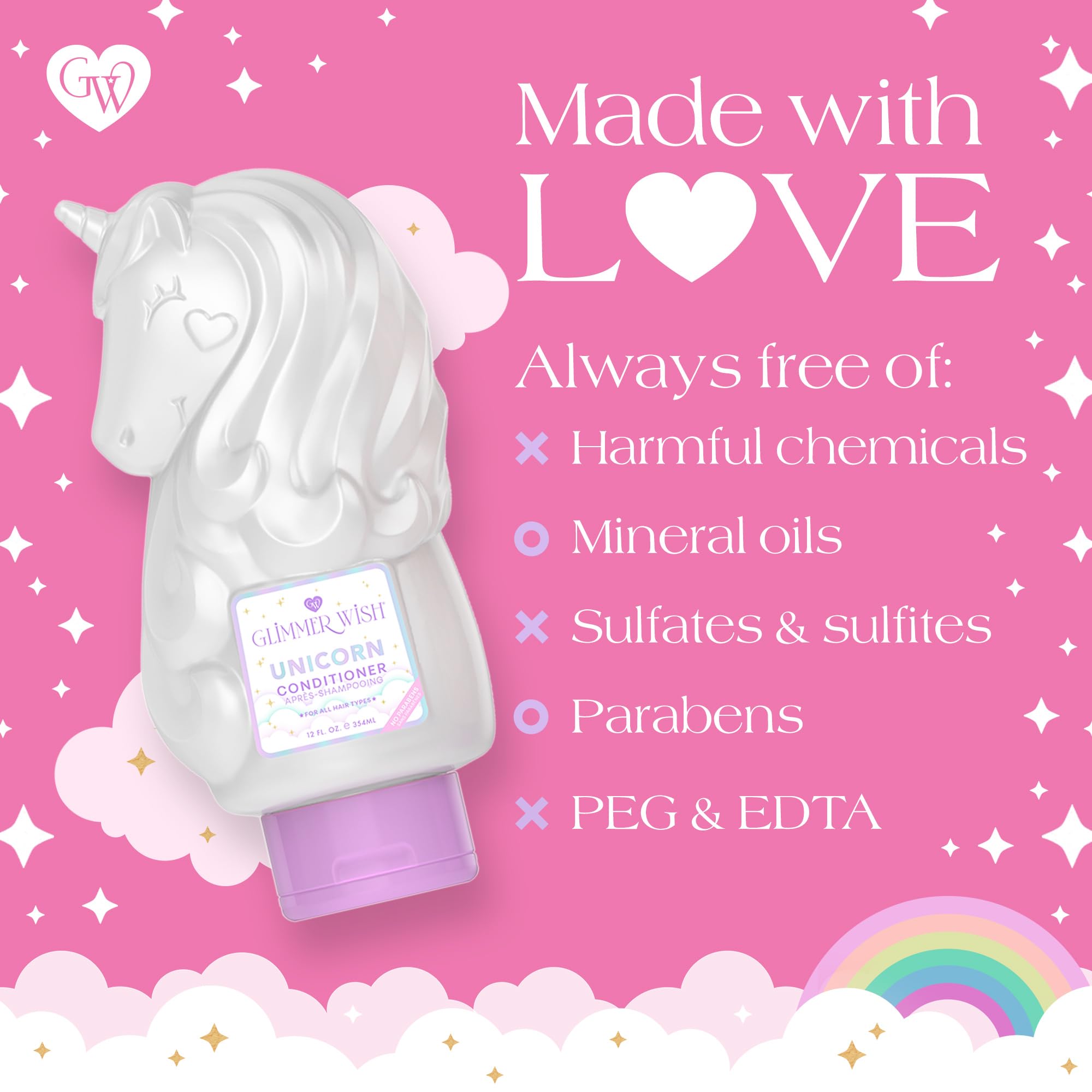 Icons indicate vegan and cruelty-free status for Glimmer Wish Unicorn Conditioner