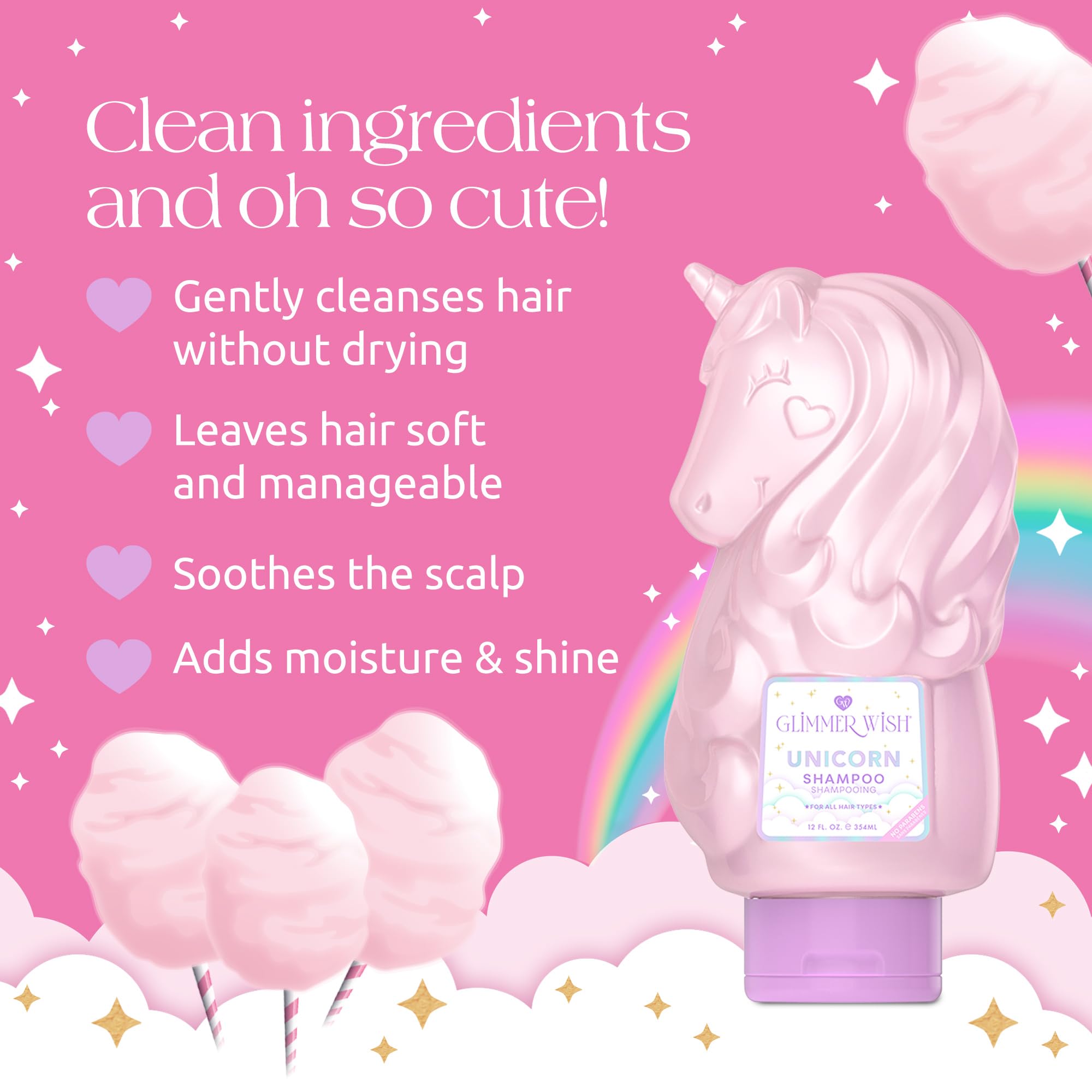 Glimmer Wish Unicorn Kids Shampoo bottle close up with pink pearly design for magical bath moments