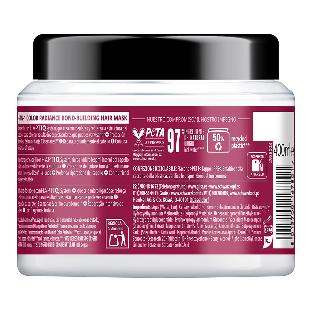 Gliss Color Radiance 4-in-1 hair mask packaging highlighting deep restoration and color