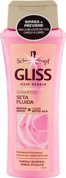 Gliss Liquid Silk Shampoo bottle close-up promoting natural shine and silky hair.