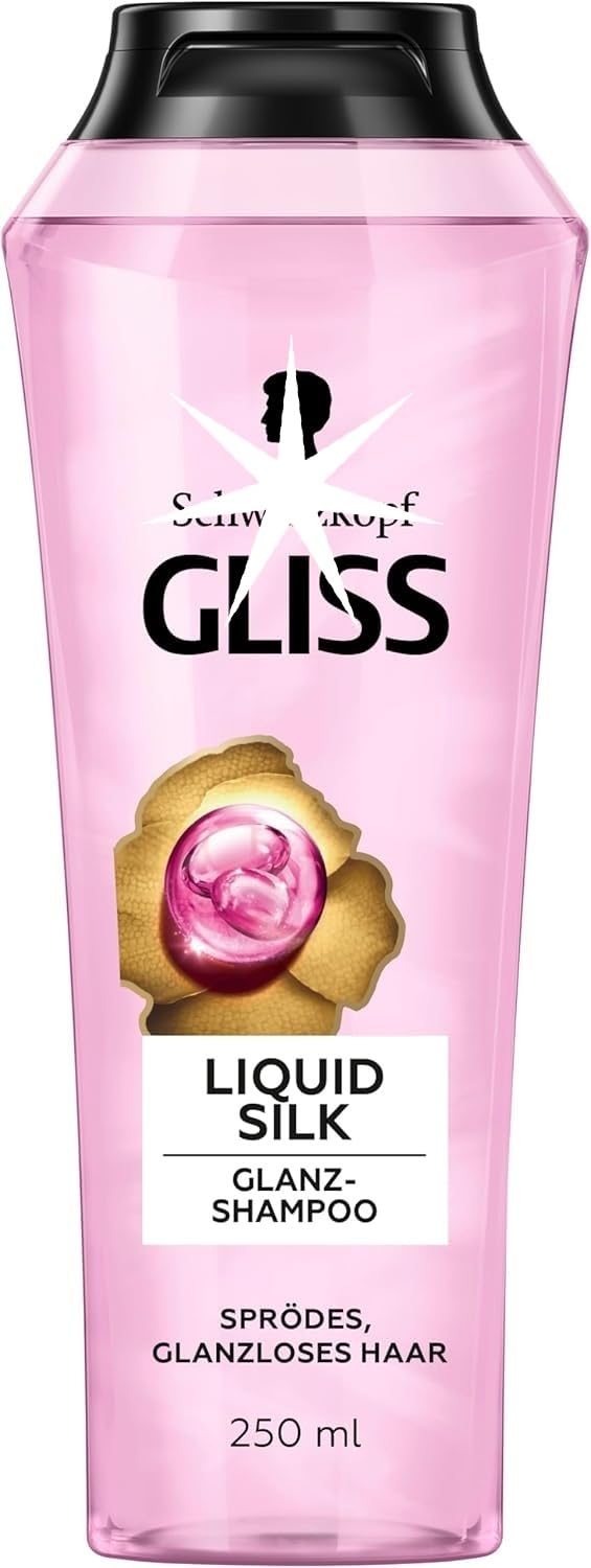 Gliss Liquid Silk Shampoo bottle previewing silky softness and natural shine