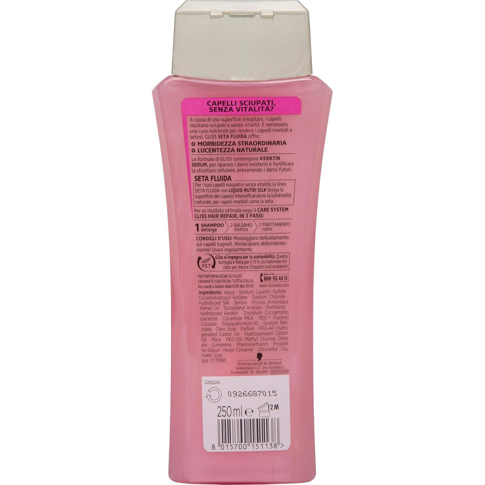 Gliss Liquid Silk Shampoo on damp hair showing a smooth surface and soft feel.