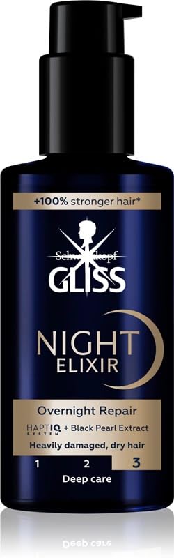 Gliss Night Elixir bottle pour for easy overnight treatment of damaged hair.