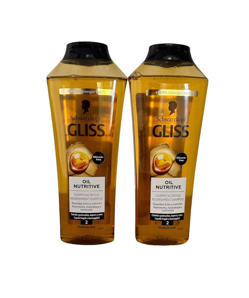 Gliss Shampoo Oil Nutritive bottle closeup highlighting nourishing formula for softer, shinier hair.